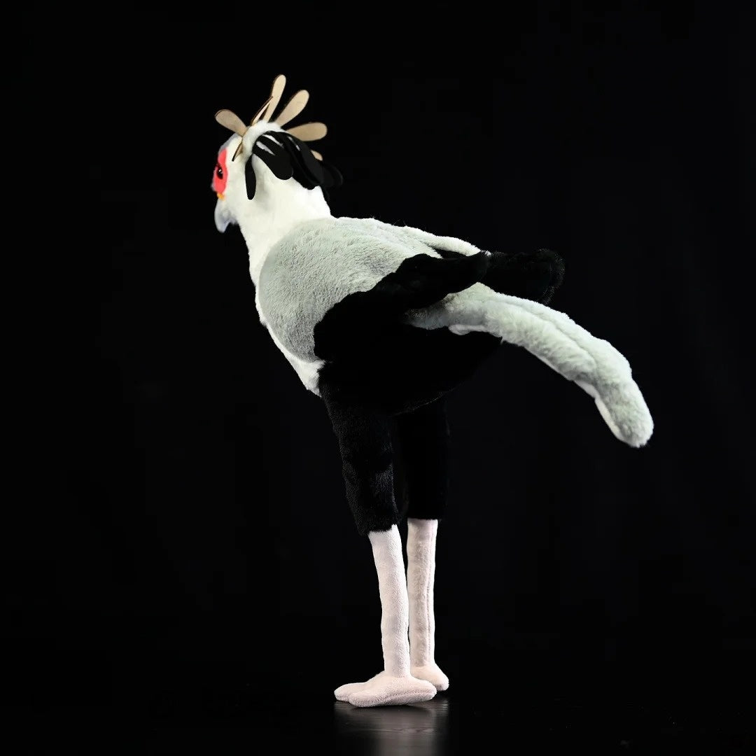 Side view of a lifelike Secretarybird plush toy featuring long legs and vivid colors for nature enthusiasts