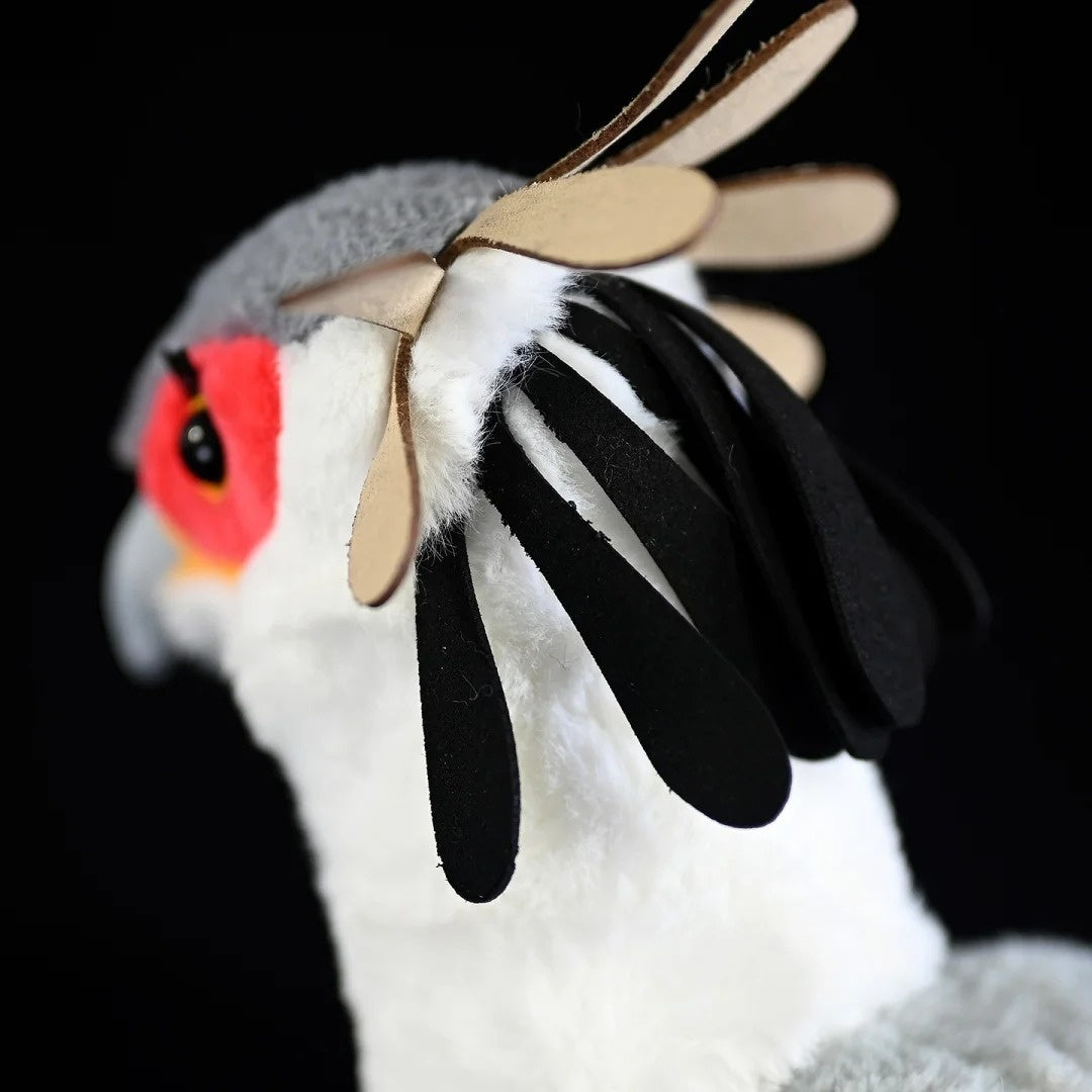 Close-up of Secretarybird plush toy crest feathers, highlighting realistic design and attention to detail