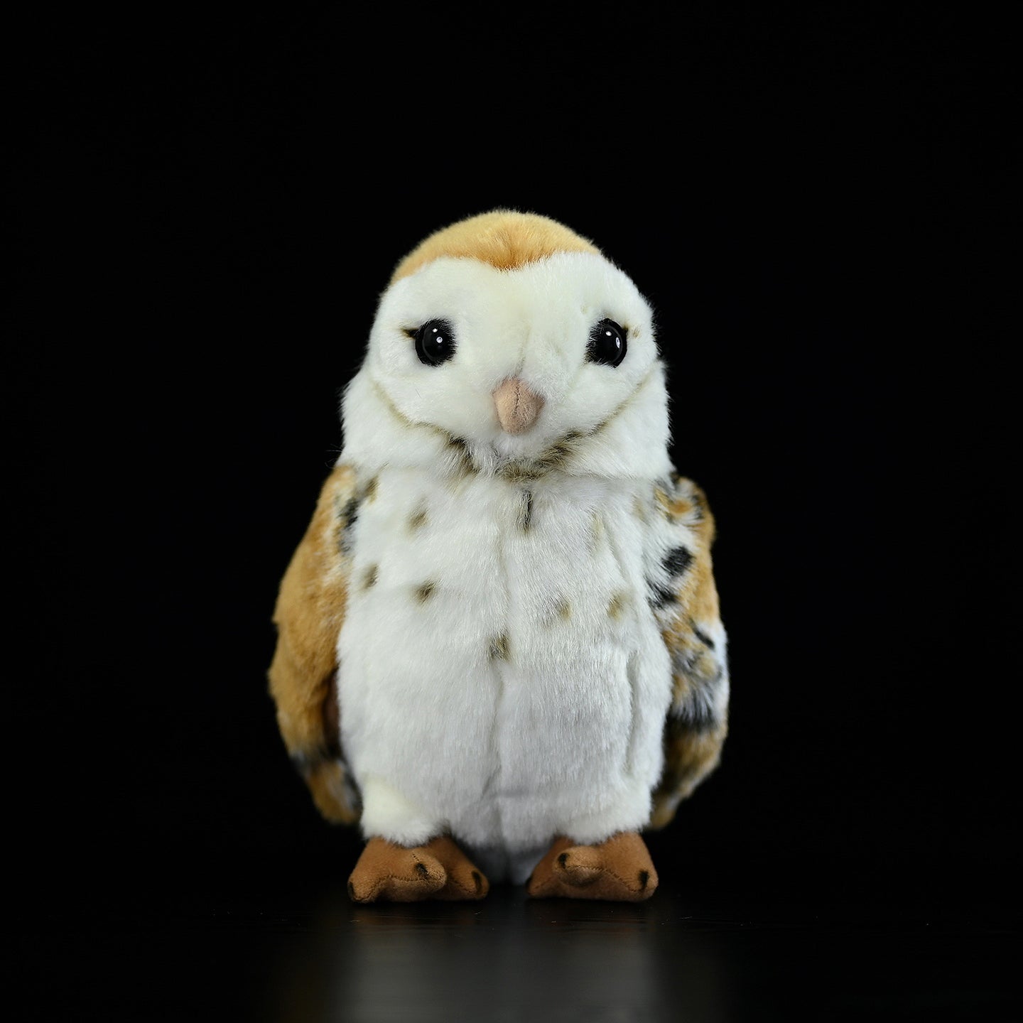 Front view of a lifelike Barn Owl Plush Toy, featuring soft fur and intricate details