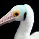 Detailed shot of Roseate Spoonbill plush’s head, featuring vivid eye details and soft fabric