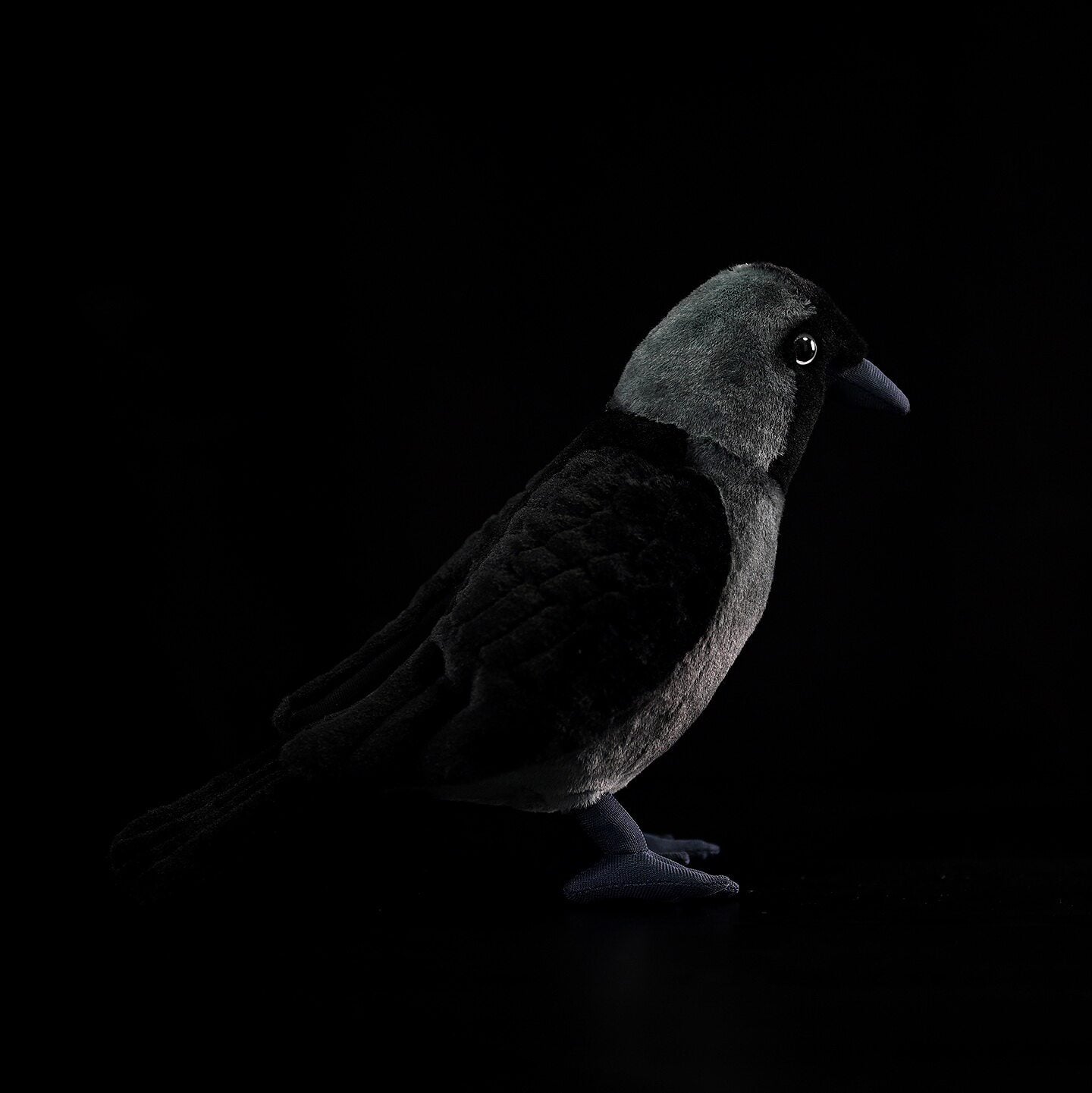 Side view of a realistic Western Jackdaw stuffed toy with detailed plumage and natural coloration