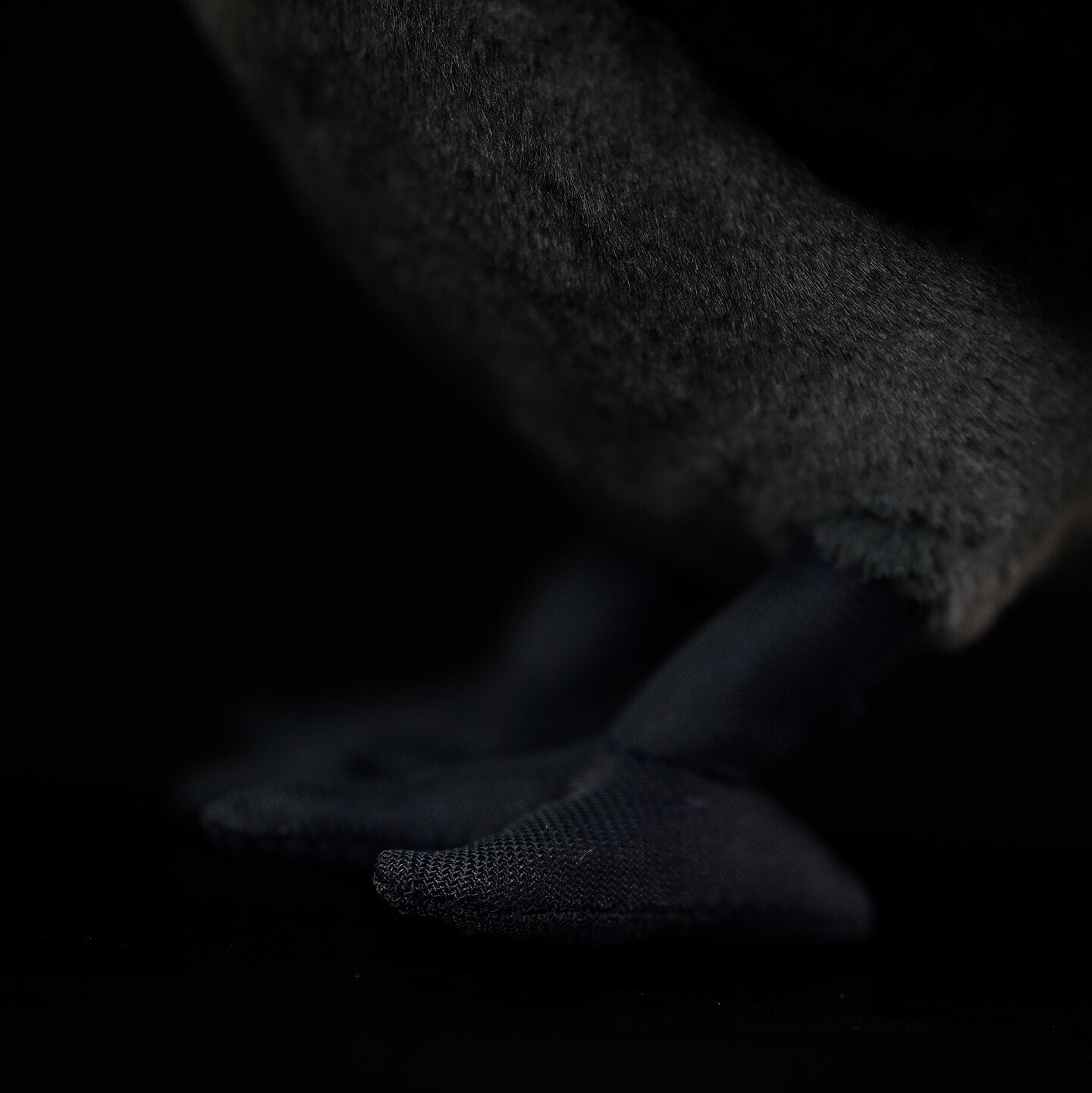 Close focus on the feet of a Western Jackdaw plush, demonstrating realistic design and quality craftsmanship