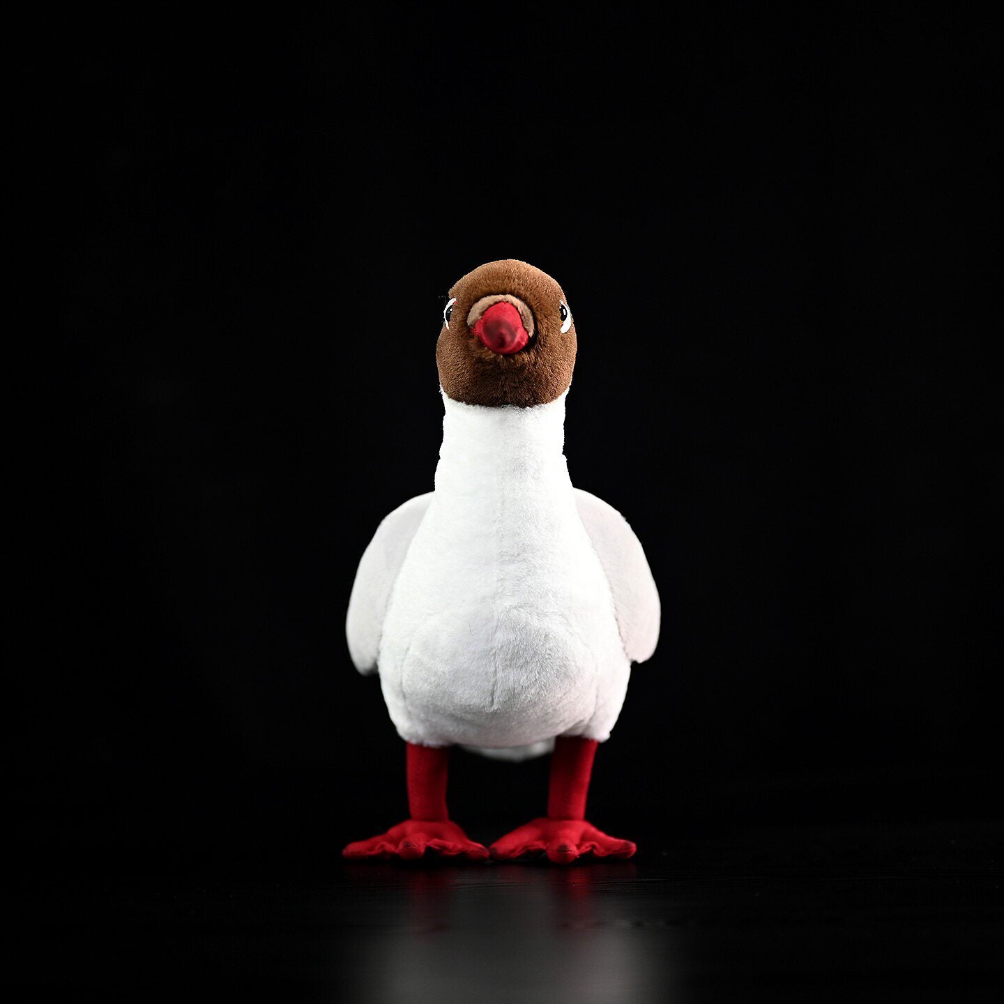 Front view of a realistic Brown-headed Gull stuffed toy by SoftDaysLab, showcasing vivid colors and design