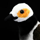 Close-up of the Black-collared Starling bird plush head by SoftDaysLab®, featuring detailed yellow and black accents