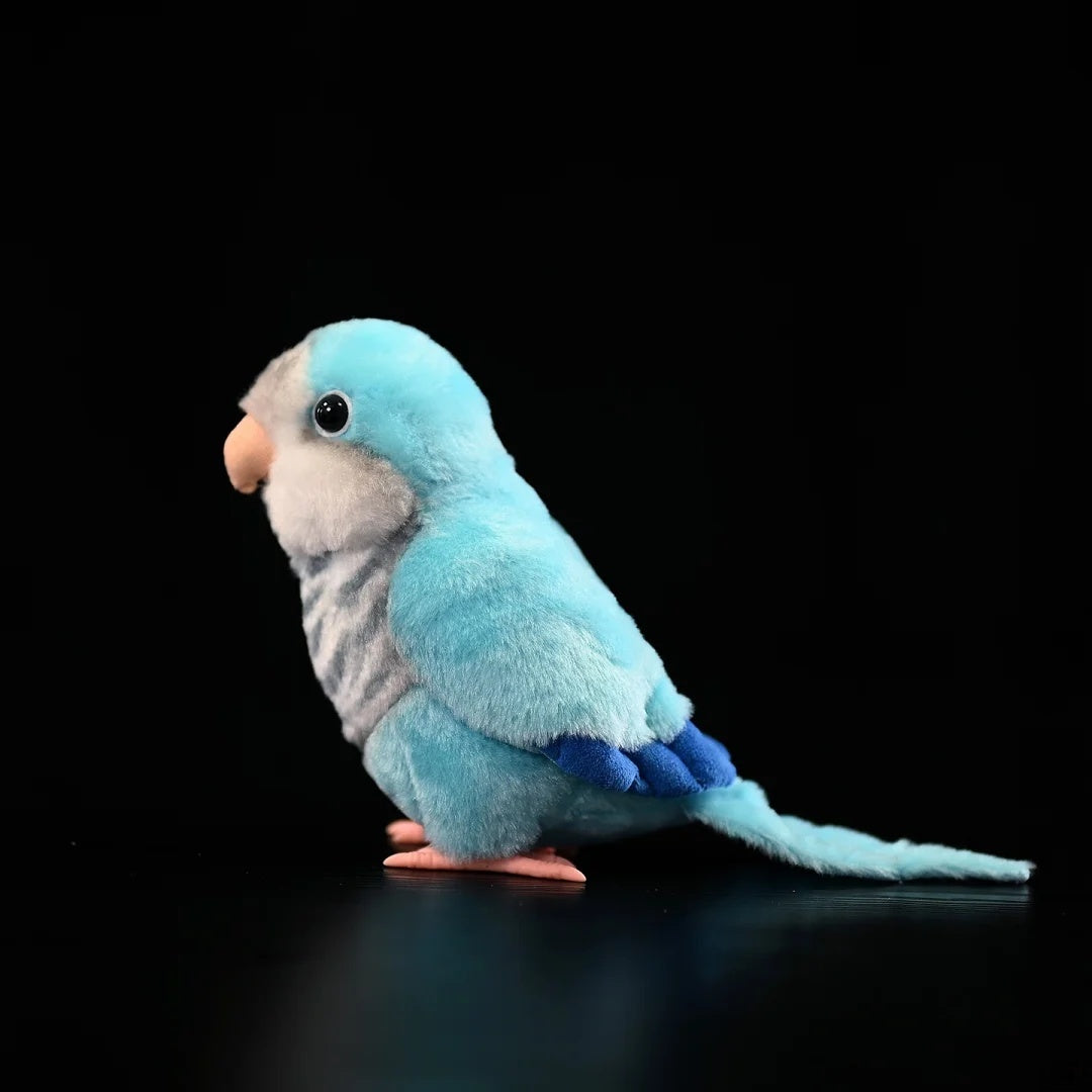 Side profile of a Blue Quaker Parrot plush toy by SoftDaysLab®, showcasing lifelike blue feathers and detailed design
