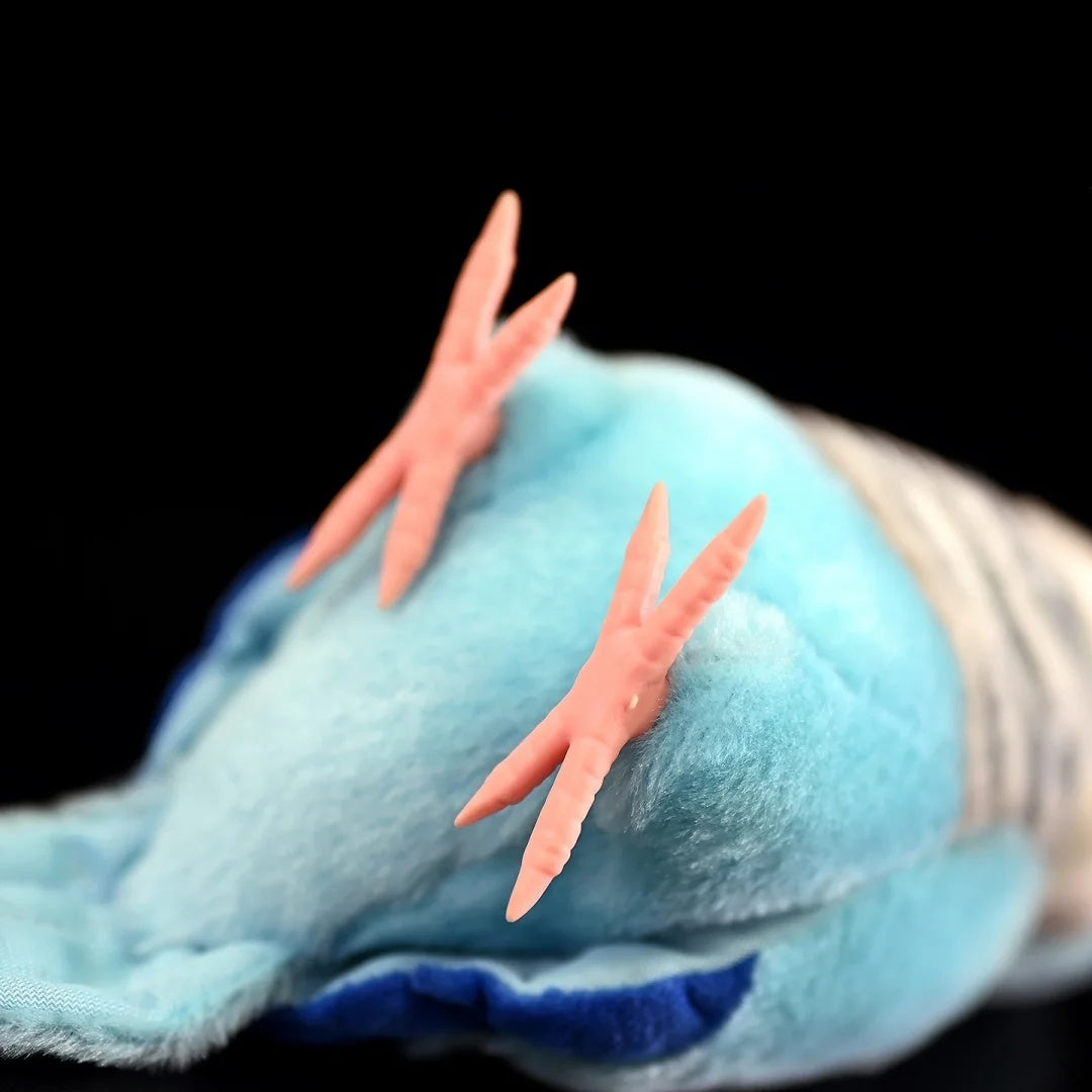 Close-up of Blue Quaker Parrot plush's feet by SoftDaysLab®, focusing on its intricately designed pink feet and soft body