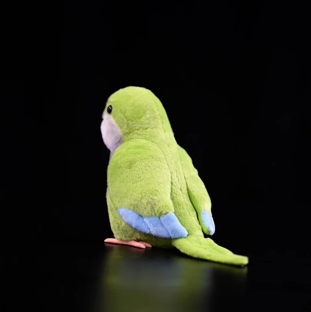 Back view of Monk Parakeet plush toy by SoftDaysLab®, highlighting its soft tail and vibrant details