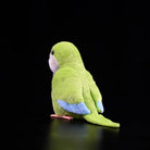Back view of Monk Parakeet plush toy by SoftDaysLab®, highlighting its soft tail and vibrant details