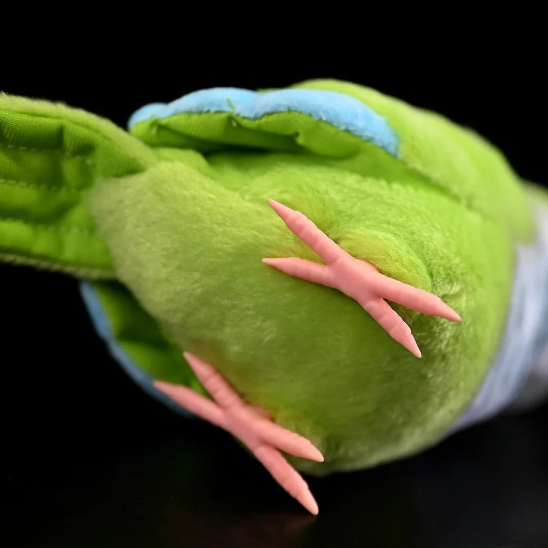 Detailed close-up of Monk Parakeet plush toy’s feet and tail by SoftDaysLab®, illustrating its lifelike design