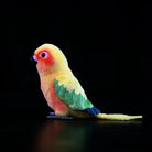 Side view of a vibrant Sun Conure plush toy by SoftDaysLab®, showcasing lifelike colors and details