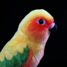 Close-up of Sun Conure plush toy's head by SoftDaysLab®, showcasing realistic parrot features and bright colors