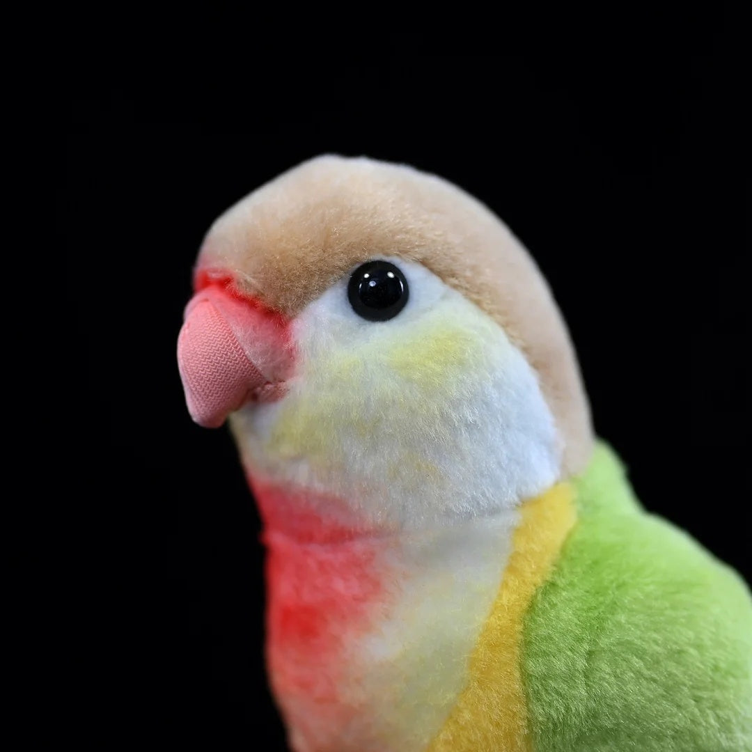 Close-up of Pineapple Green-cheeked Conure plush head by SoftDaysLab®, with lifelike parrot expressions