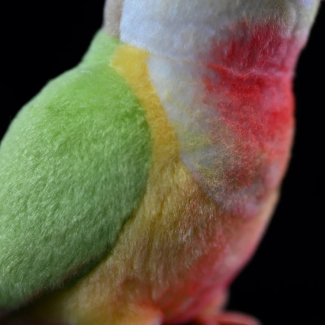 Detailed view of the Pineapple Green-cheeked Conure plush body by SoftDaysLab®, showcasing vibrant colors and soft fabric