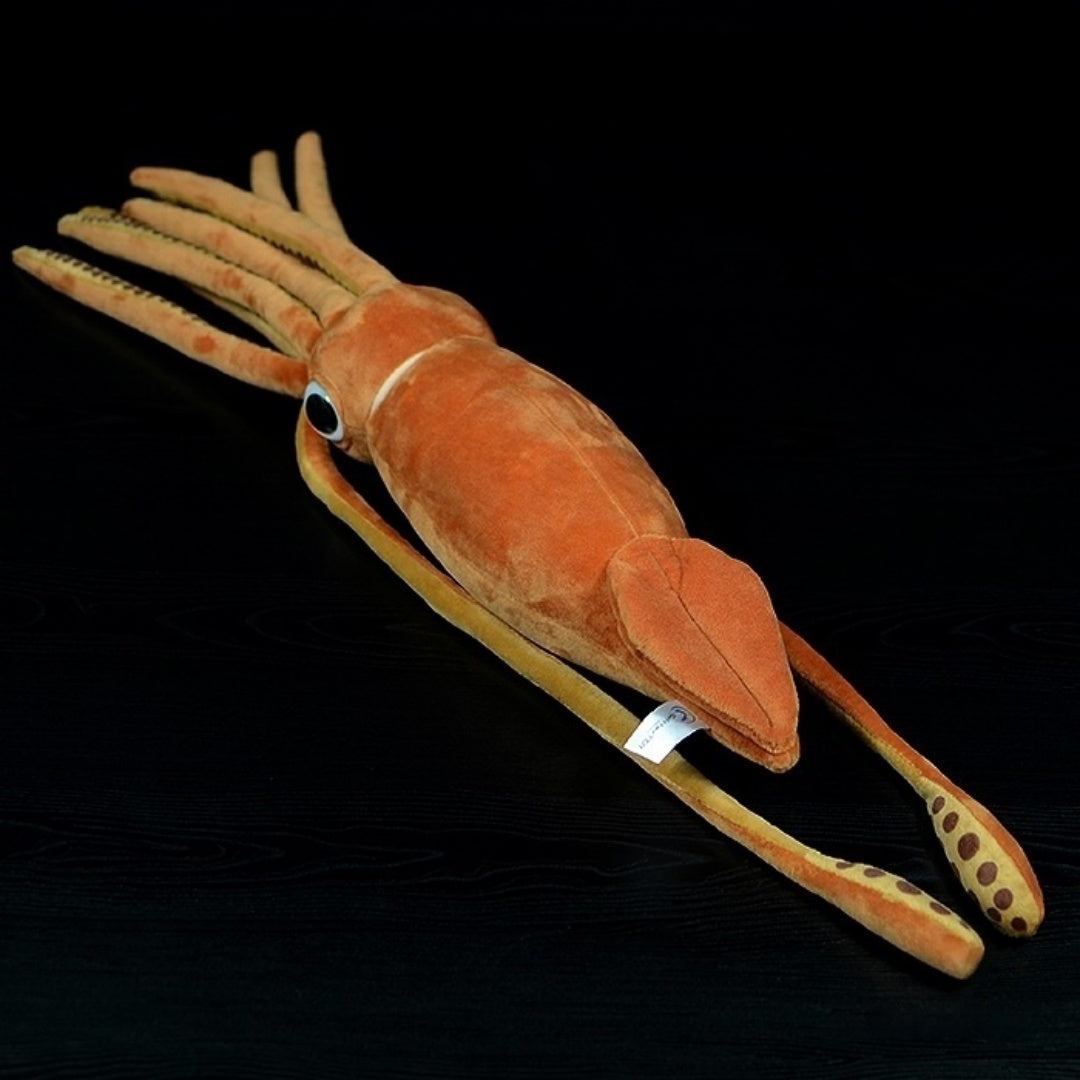 Top-down view of a lifelike giant squid plush toy, showcasing its detailed mantle and tentacles design