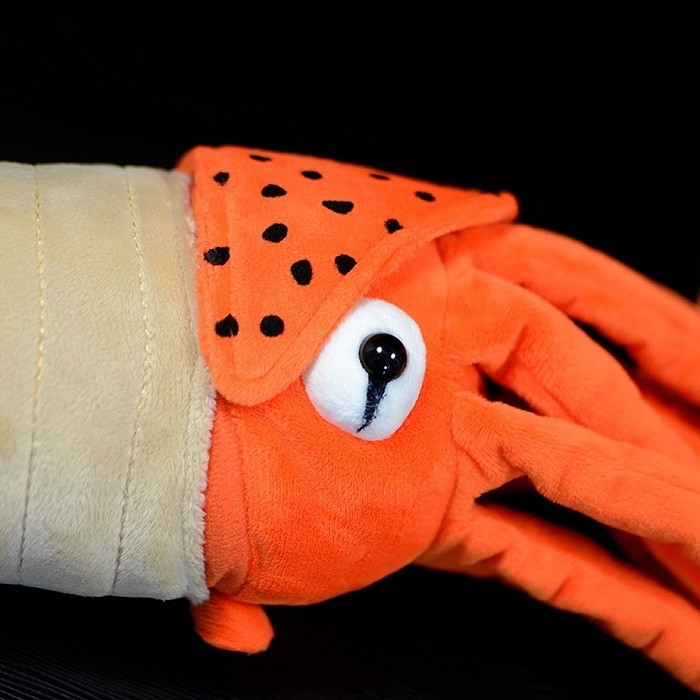 Close-up of Orthoceras plush toy's head, highlighting its vibrant orange tentacles and dotted mantle