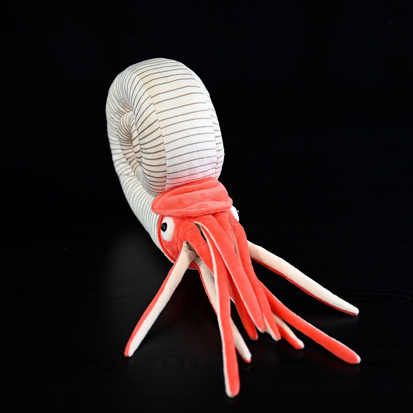 Front-side perspective of Perisphinctes ammonite plush with vibrant tentacles and a scientifically inspired spiral shell