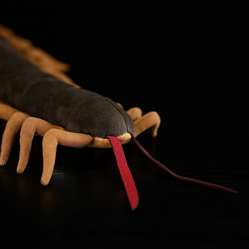 Rear close-up of Chinese red-headed centipede plush, showing its tail and soft red antenna details by SoftDaysLab