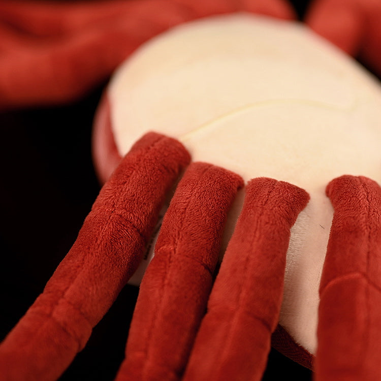 Close-up of the underside of the Edible Crab Plush, showcasing its smooth fabric and realistic marine theme