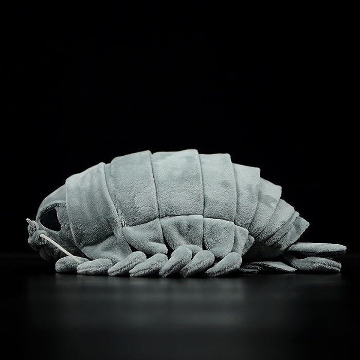 Full side view of giant isopod plush toy, a lifelike stuffed animal by SoftDaysLab