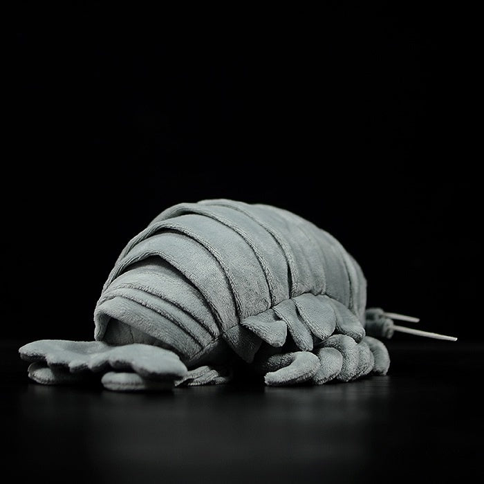 Rear angle of giant isopod plush toy, showcasing its segmented back and realistic details