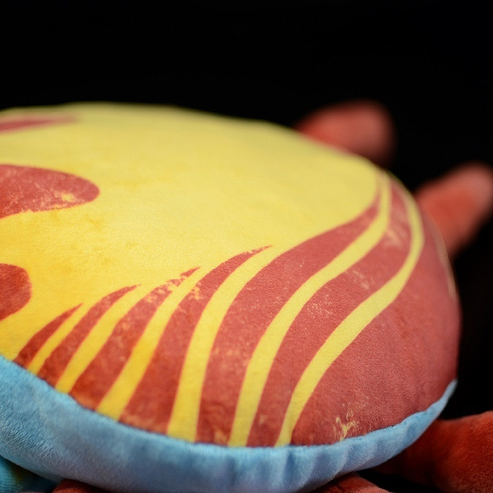 Close-up of Sally Lightfoot Crab plush eye, realistic and colorful marine stuffed animal for nature enthusiasts