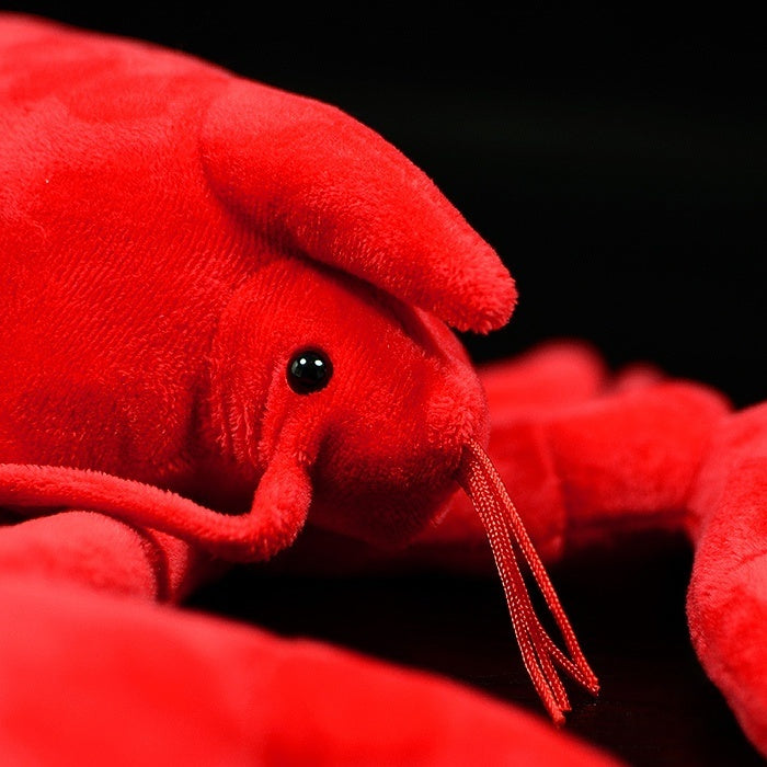 Detailed view of the American lobster plush toy's face with lifelike eyes and soft antennae