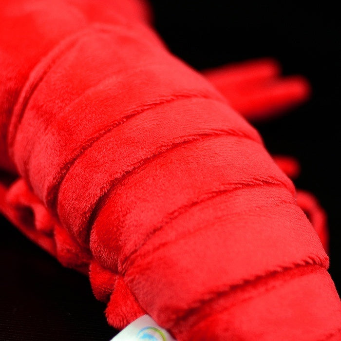 Close-up of the plush lobster's segmented back, emphasizing the realistic and soft texture