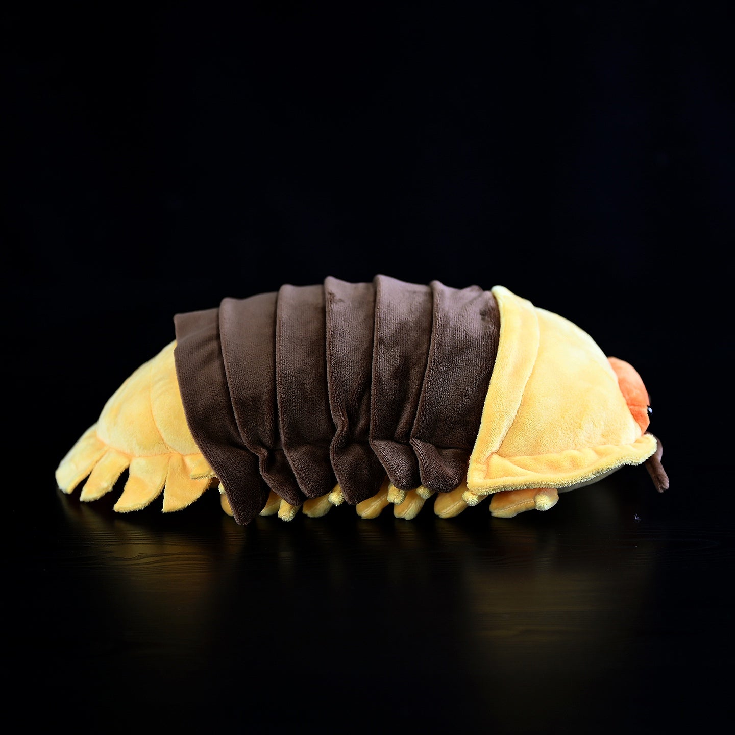 Full-body view of the isopod plush, showing its detailed brown and yellow coloration and soft texture