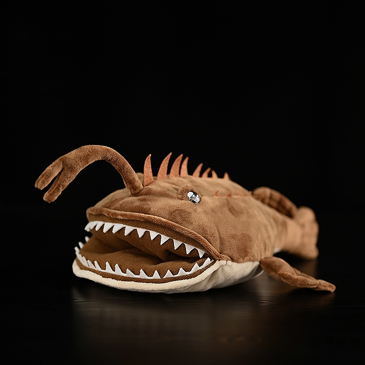 Side view of Realistic American Monkfish plush by SoftDaysLab, showcasing lifelike details and unique design