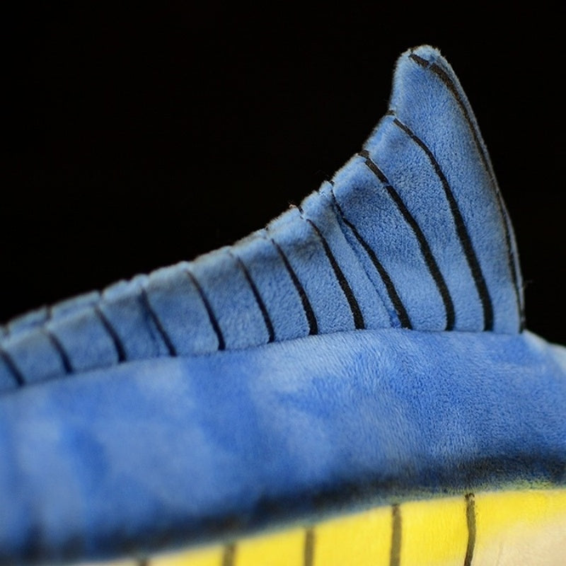 Close-up of Blue Marlin’s dorsal fin, lifelike stuffed fish design for collectors and ocean lovers