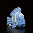 Front-angle view of a lifelike blue tang plush toy with striking blue stripes by SoftDaysLab