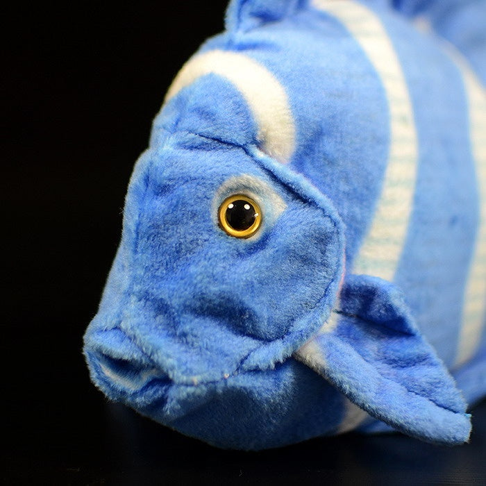 Close-up side view of a blue tang fish plush toy, showing vibrant blue stripes and lifelike details
