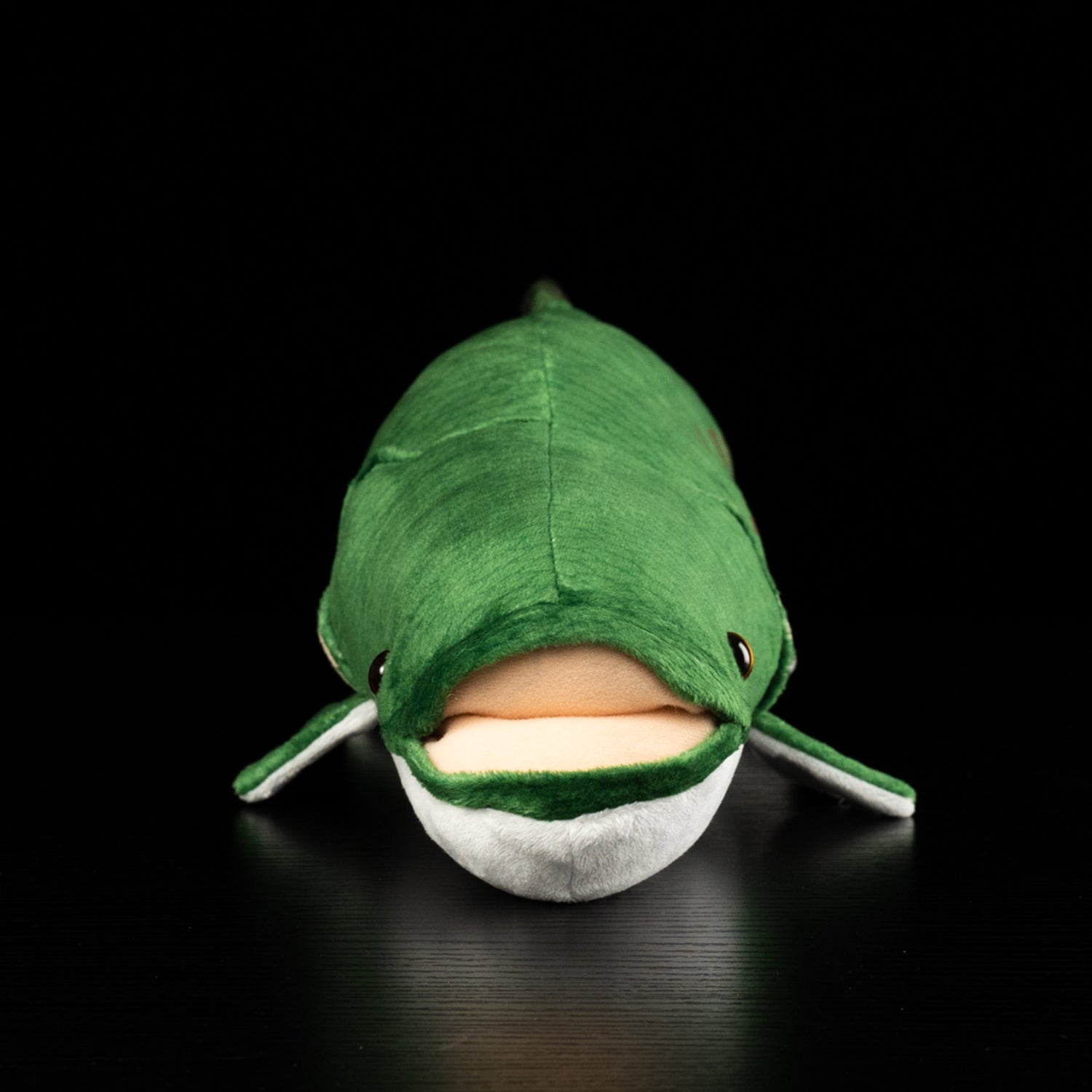 Front view of a lifelike Arapaima gigas plush toy by SoftDaysLab with soft green scales and a realistic design