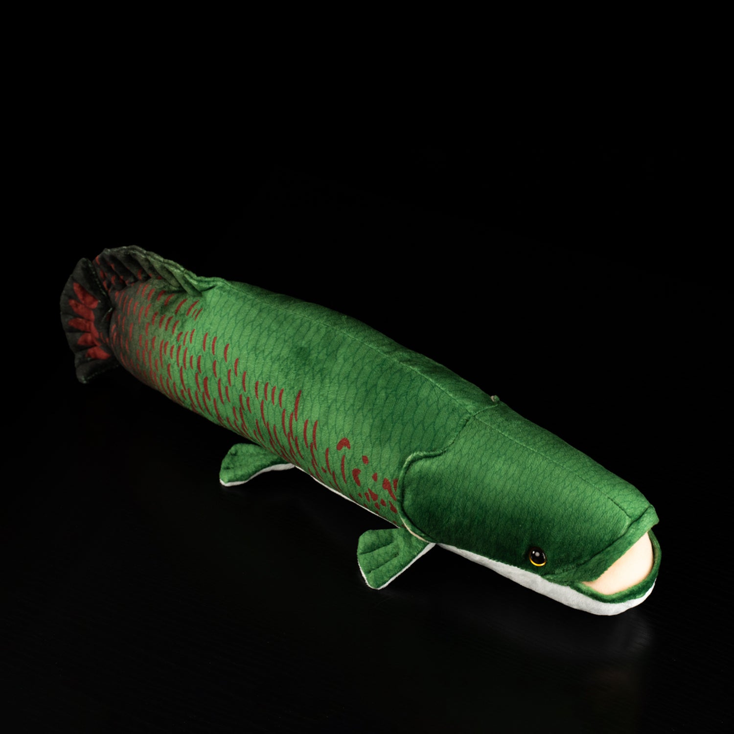 Complete top view of a realistic Arapaima gigas plush toy perfect for fish enthusiasts and collectors by SoftDaysLab