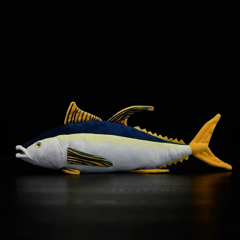 Side profile of Yellowfin Tuna plush toy, detailed with vibrant fins and realistic body shape