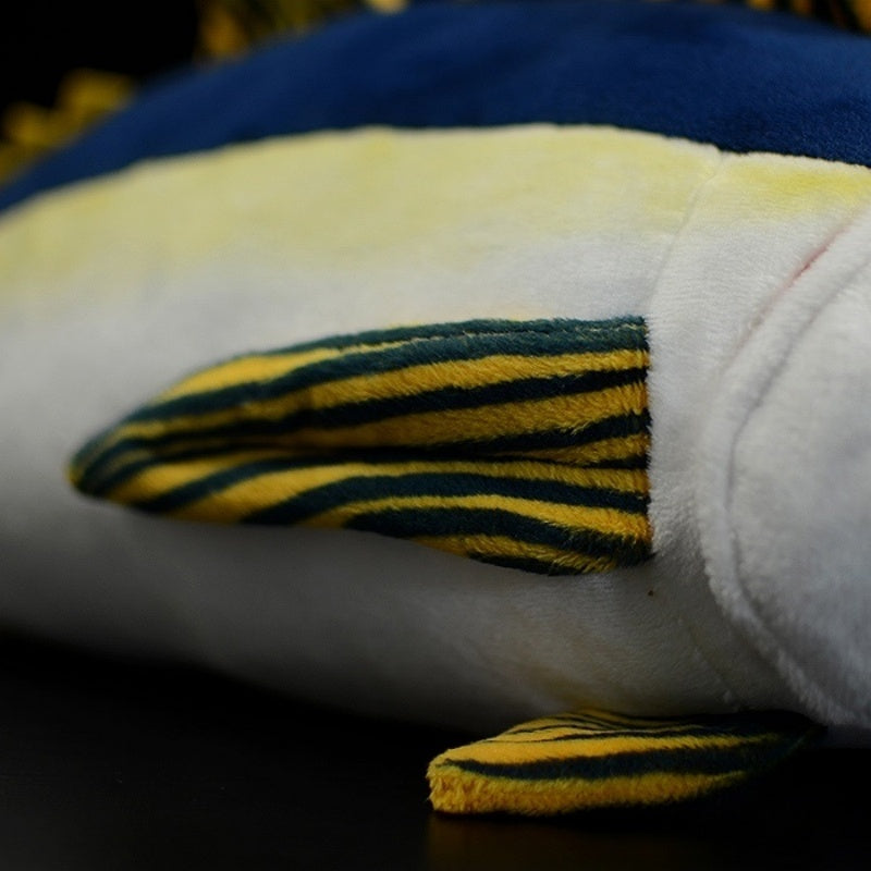 Close-up of Yellowfin Tuna plush toy’s striped side fin with vibrant yellow and green details