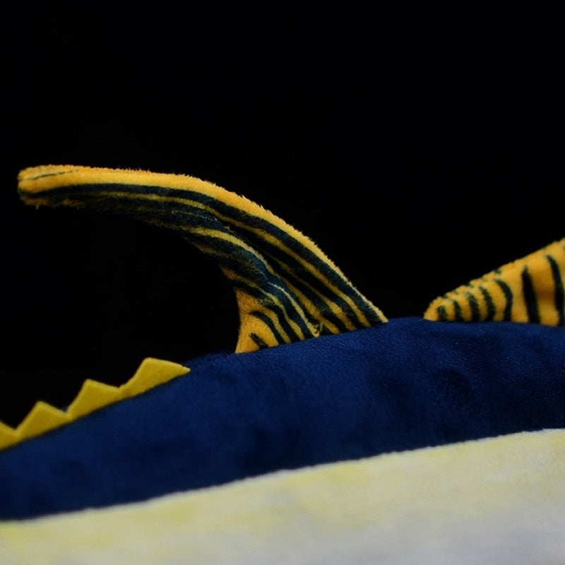 Close-up of dorsal fin on Yellowfin Tuna plush toy, showcasing intricate design and lifelike texture