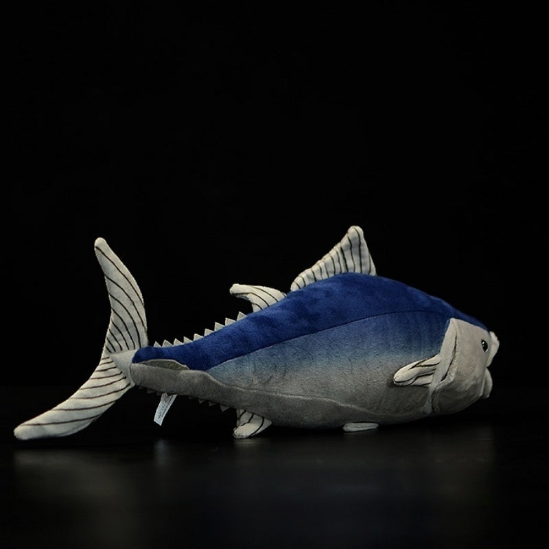 Angled rear view of Atlantic Bluefin Tuna plush toy, showcasing striped tail and soft fabric