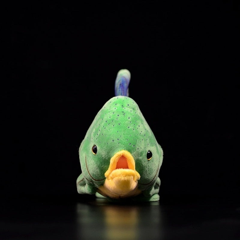 Front view of Mahi Mahi dolphinfish plush toy showing detailed head and fish-like open mouth