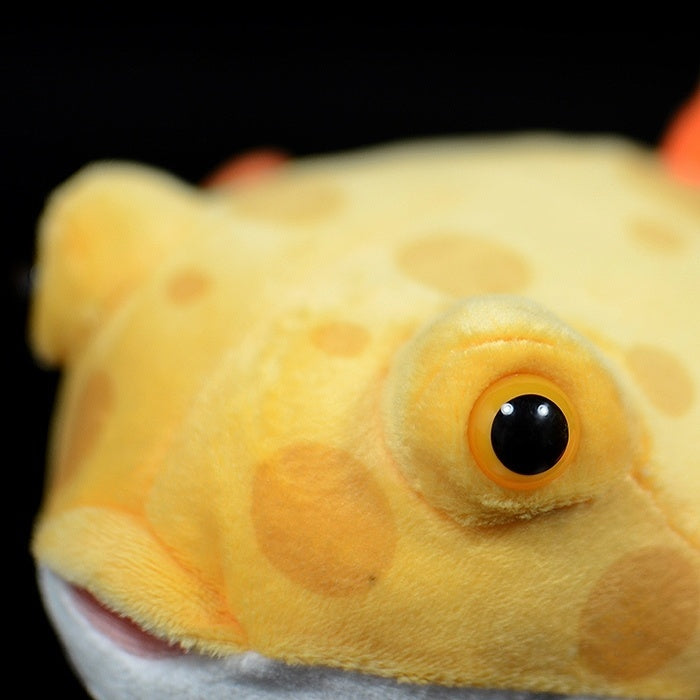 Zoomed-in view of the Eastern Smooth Boxfish plush's eye and spotted face, crafted by SoftDaysLab