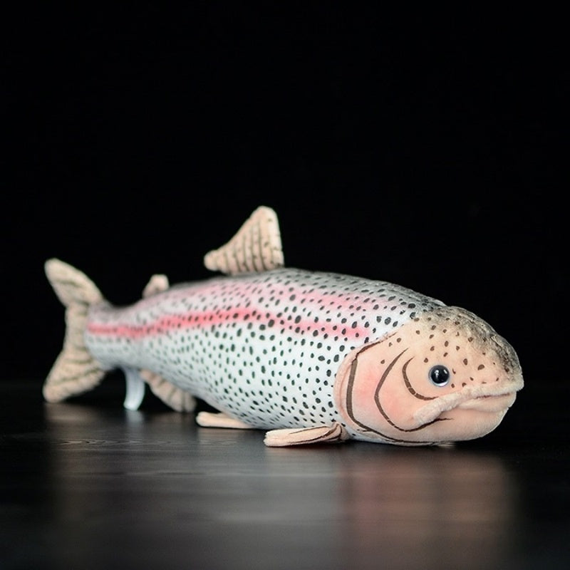 Side view of rainbow trout plush toy showing detailed pink stripe and black spots