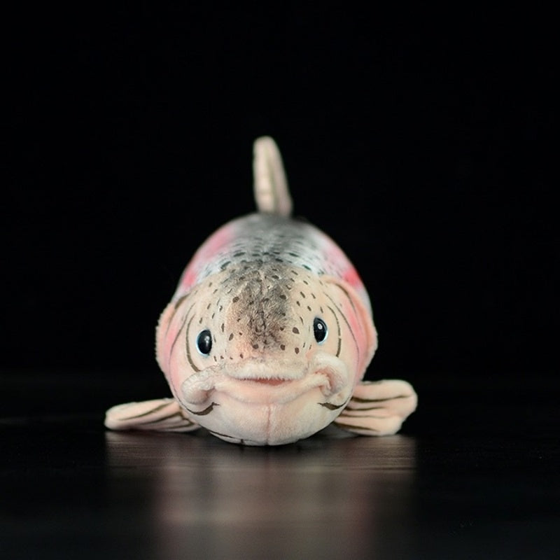Front view of realistic rainbow trout plush toy with lifelike facial details by SoftDaysLab