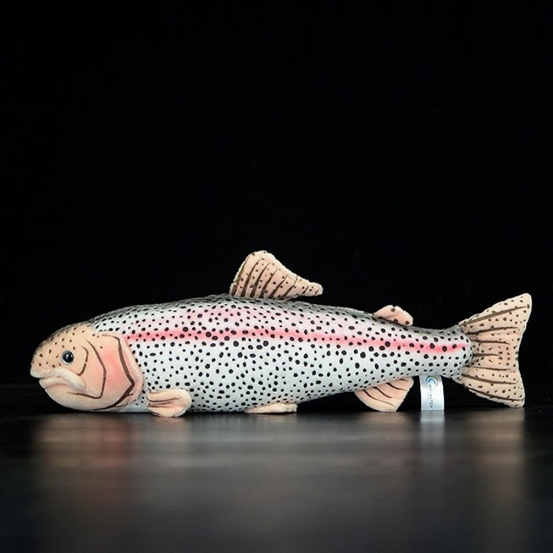 Full side profile of rainbow trout plush toy featuring soft texture and vibrant colors