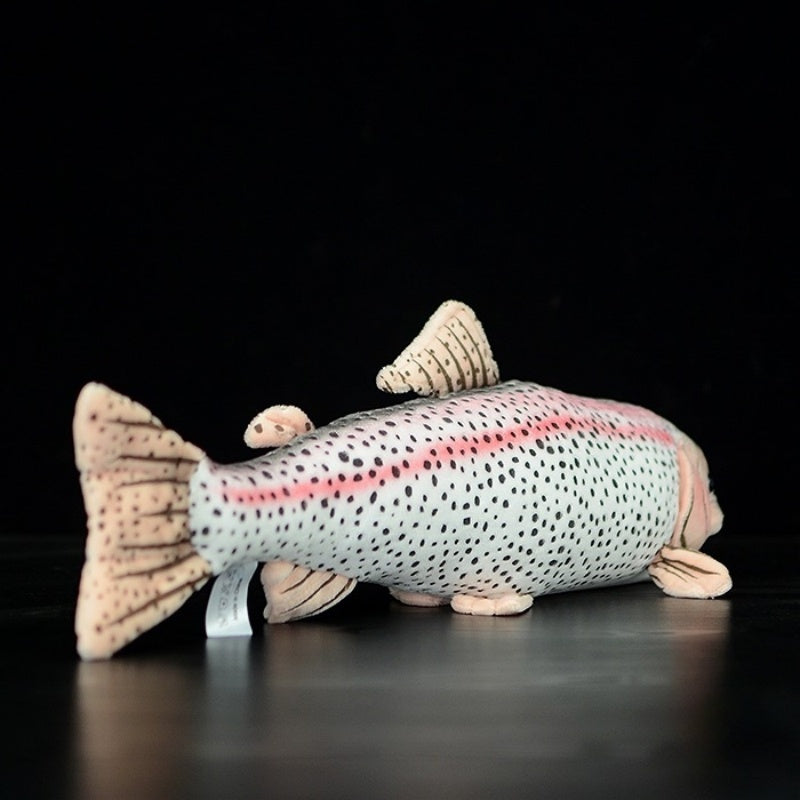 Rear angled view of rainbow trout plush toy with realistic tail and dorsal fins by SoftDaysLab
