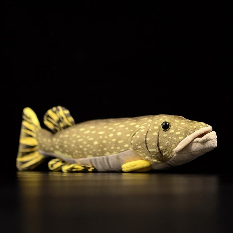 Side view of realistic northern pike plush toy with detailed yellow fins and lifelike colors by SoftDaysLab