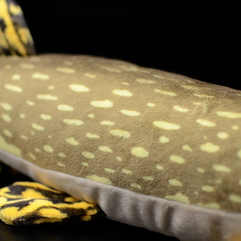 Body close-up of northern pike plush toy displaying soft fabric and spotted pattern by SoftDaysLab