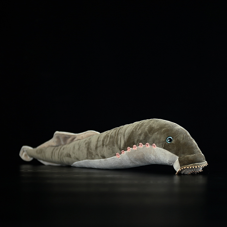 Side view of realistic sea lamprey plush toy featuring detailed texture and lifelike design by SoftDaysLab