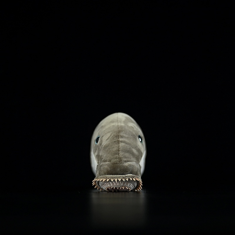 Front view of sea lamprey plush toy highlighting the circular mouth and lifelike teeth design