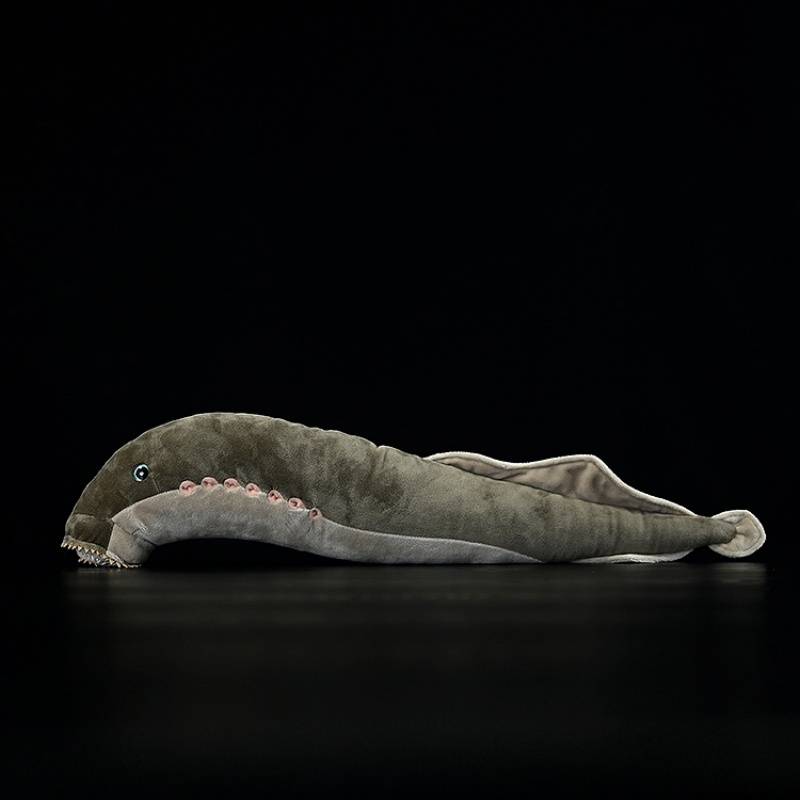 Full side profile of sea lamprey plush toy with realistic gray body and pink details by SoftDaysLab