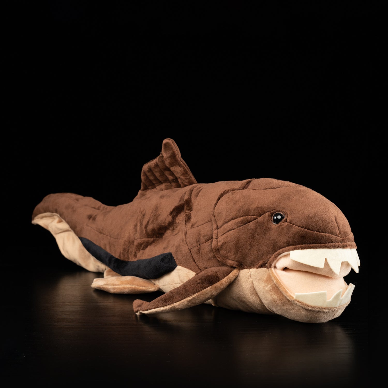 Front-side view of Dunkleosteus plush by SoftDaysLab, featuring lifelike jaws and science-inspired design